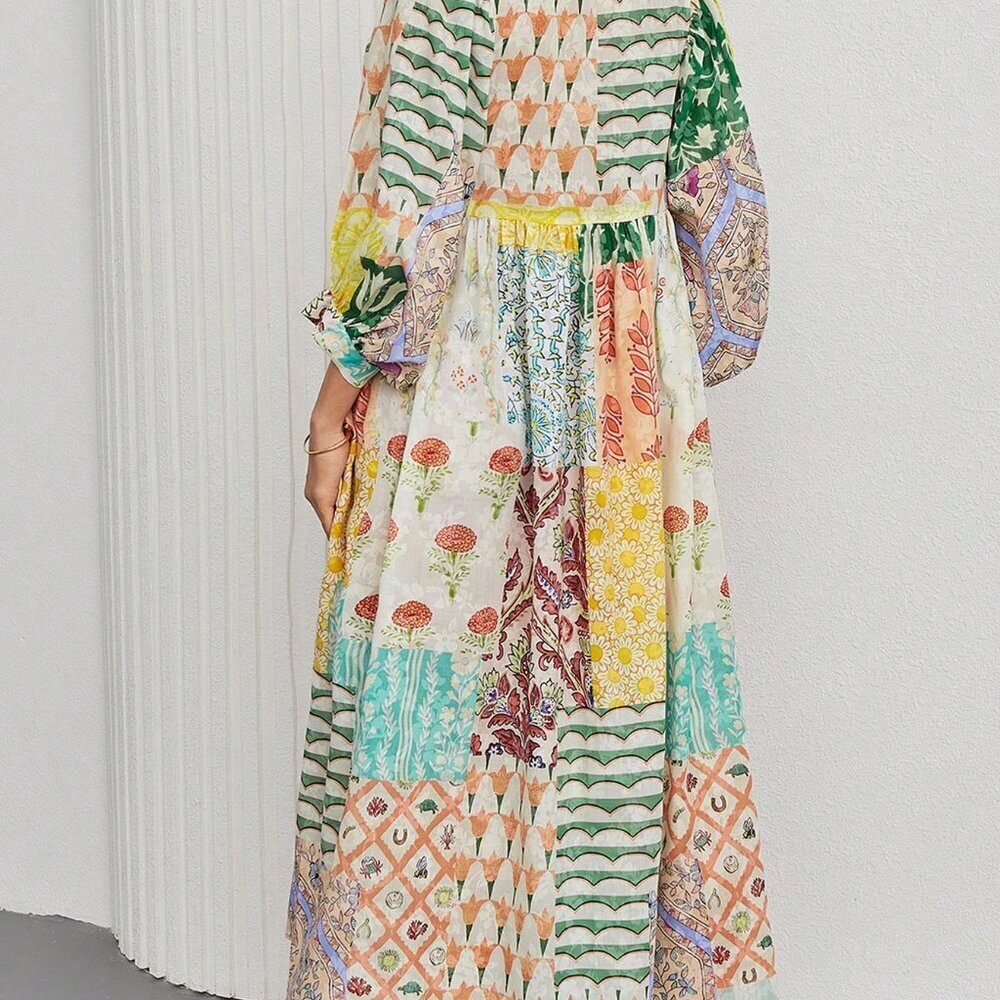 Yellow Boho Women's Bohemian Lantern Sleeve V Neck Tie Pockets Maxi Dress - Picture 2 of 6